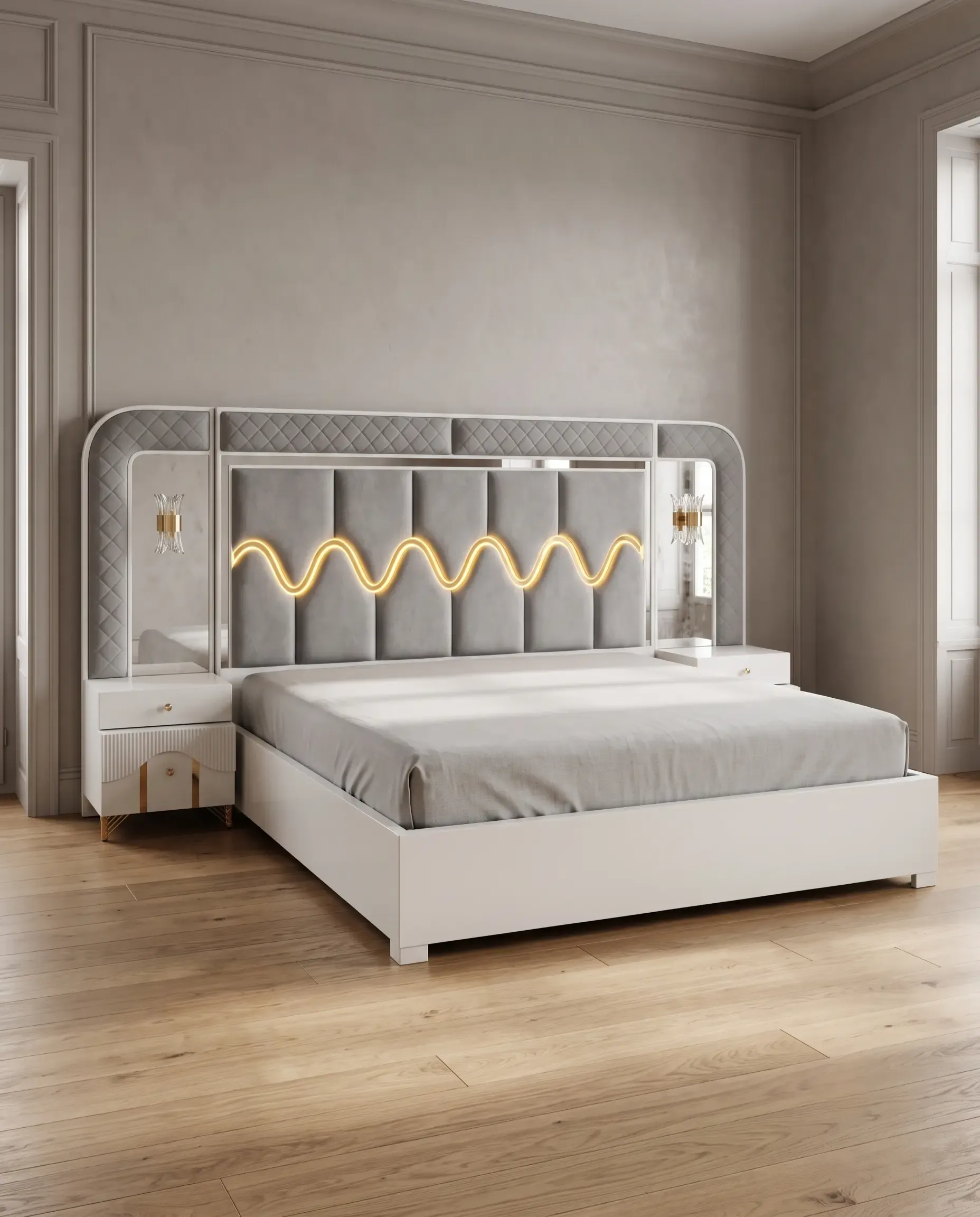 Nebula Ergonomic Wave Silhouette King Bed with Integrated Ambient LED Lighting in Ash Grey — View 1