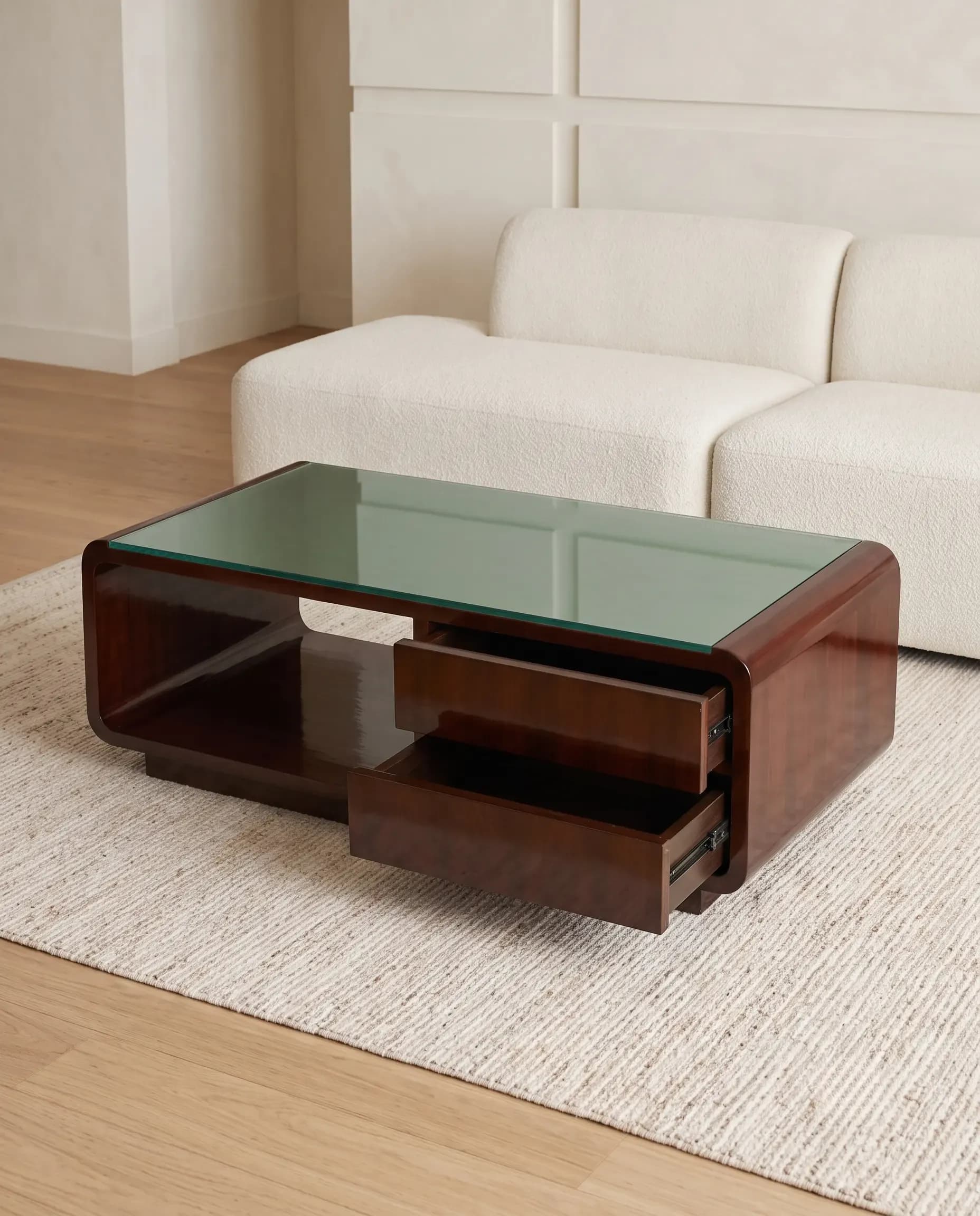 Curved Dark Walnut Wood and Glass Centre Table with Drawers by Rajindra Furniture — View 2