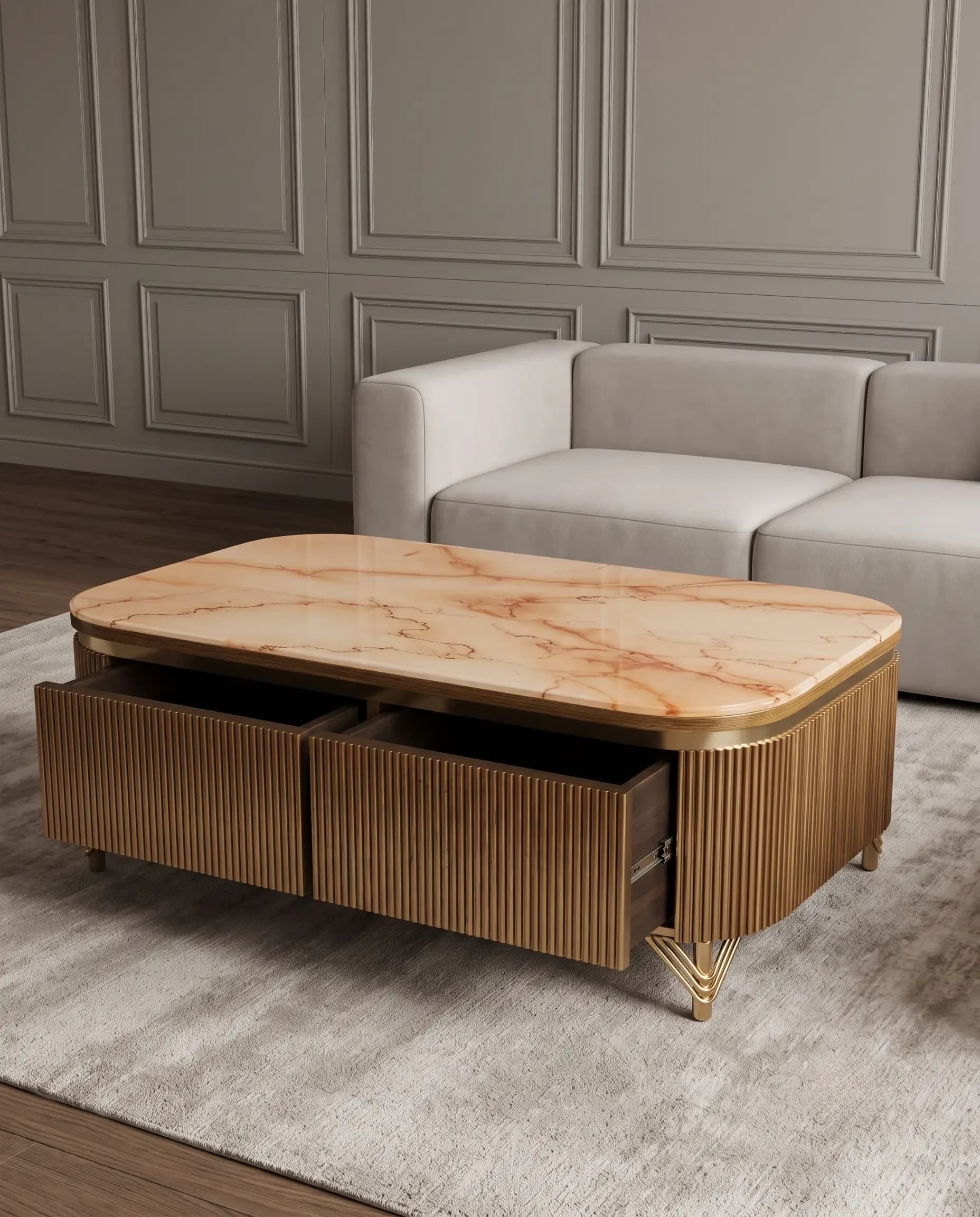 Gold Fluted Honey Onyx Marble Centre Table with Storage Drawers by Rajindra Furniture — View 2
