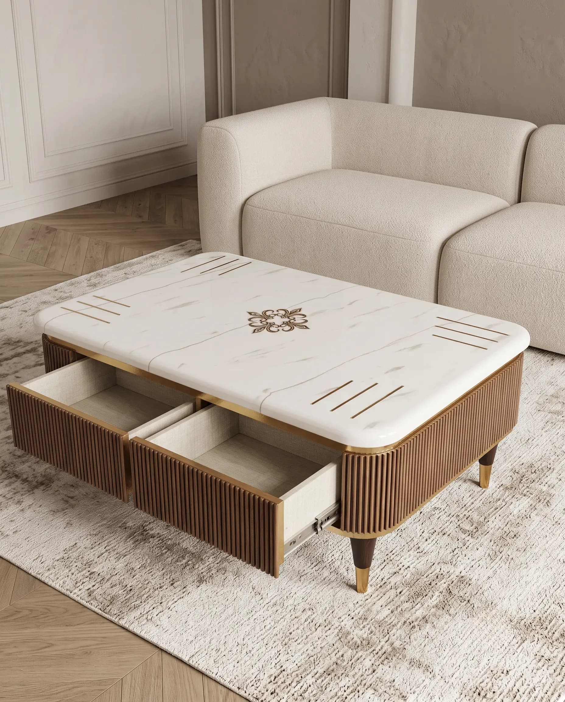 Walnut Fluted White Inlaid Marble Centre Table with Storage Drawers by Rajindra Furniture — View 2