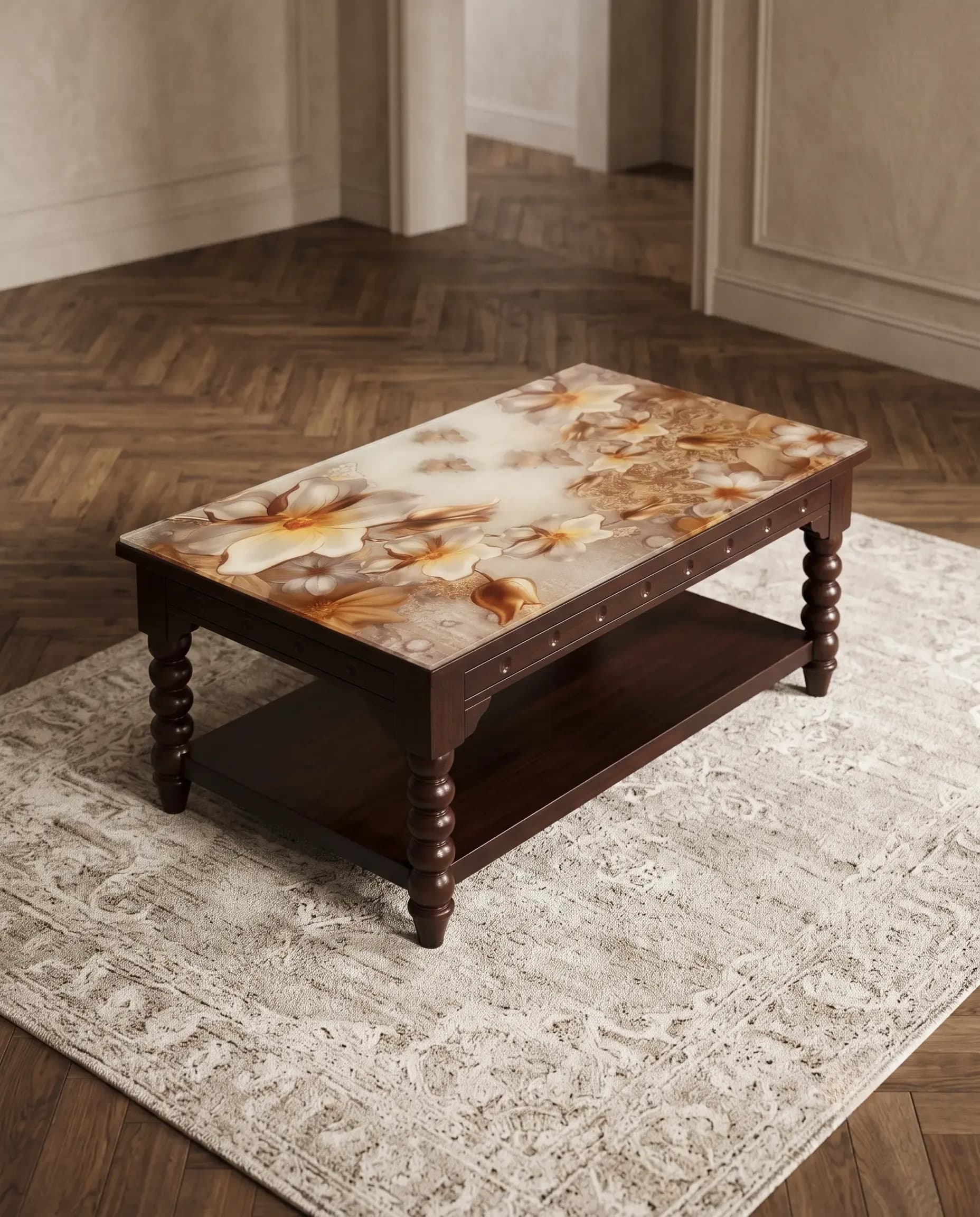 Solid Walnut Turned-Leg Centre Table with Bottom Storage Shelf by Rajindra Furniture — View 1