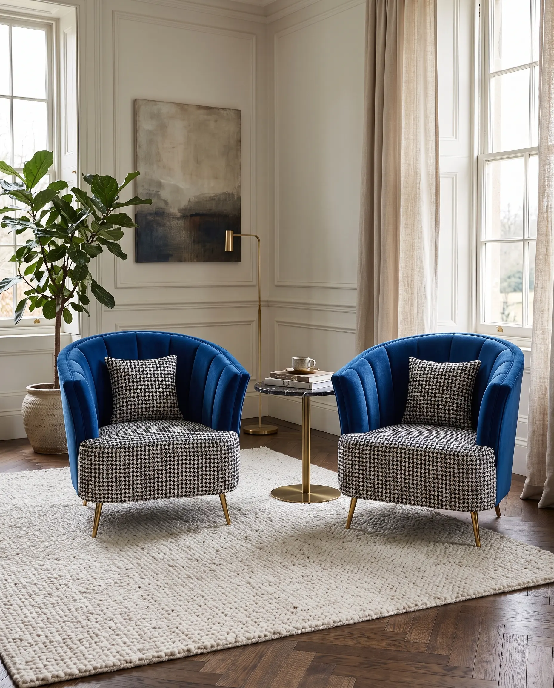 Savile Fluted Barrel Tub Chair in Royal Blue Velvet & Houndstooth Woven Fabric with Gold Base — View 1