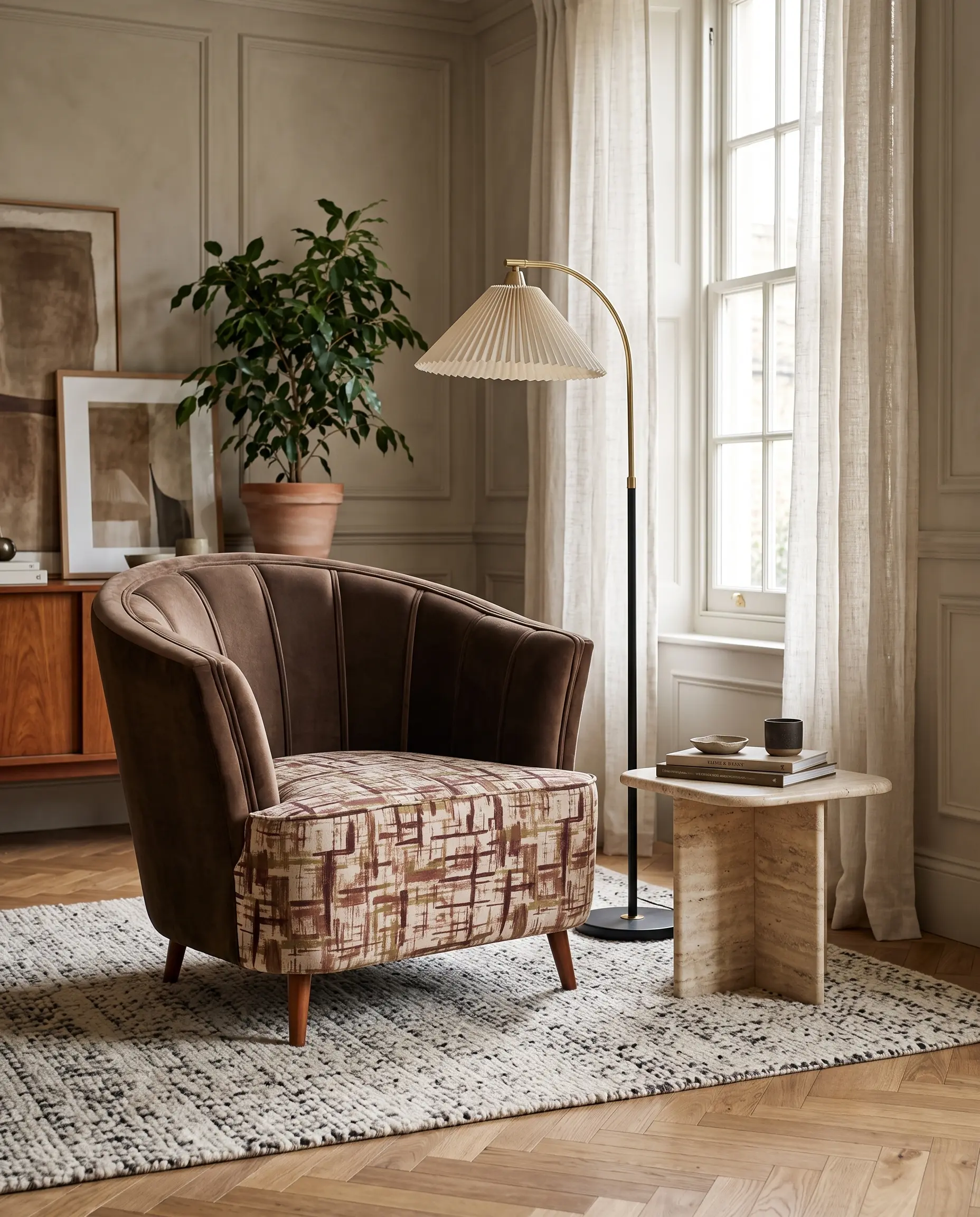 Tapestry Fluted Barrel Accent Chair in Chocolate Brown Velvet & Woven Base — View 1