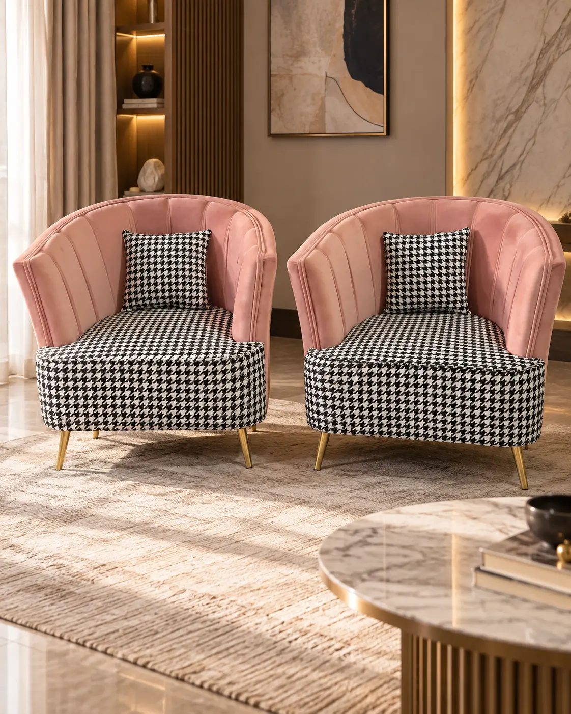 Blush Fluted Barrel Tub Chair with Pink Houndstooth Weave & Gold Legs — View 1