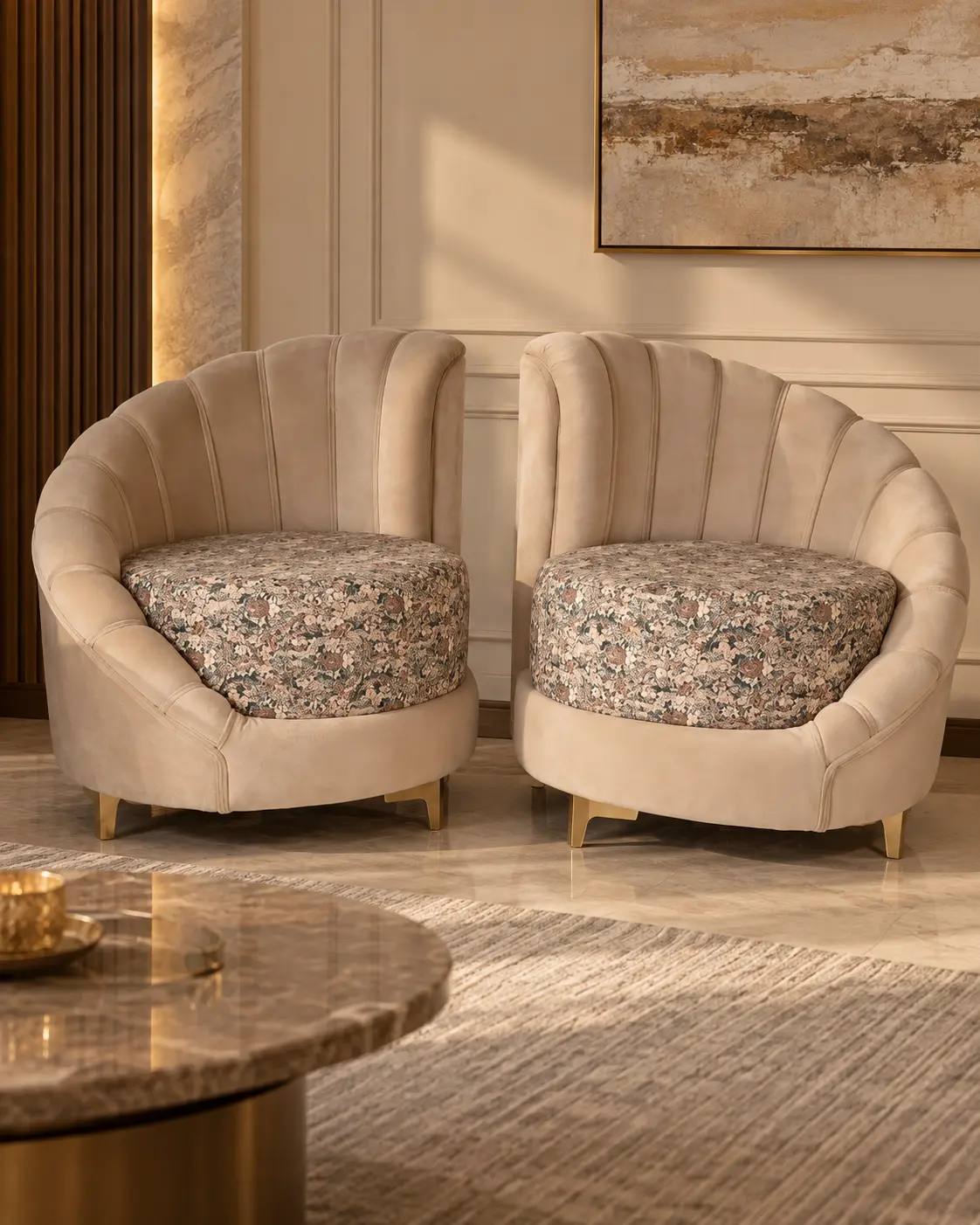 Geneva Oversized Scalloped Clamshell Tub Chair in Champagne Beige Velvet & Floral Print — View 1