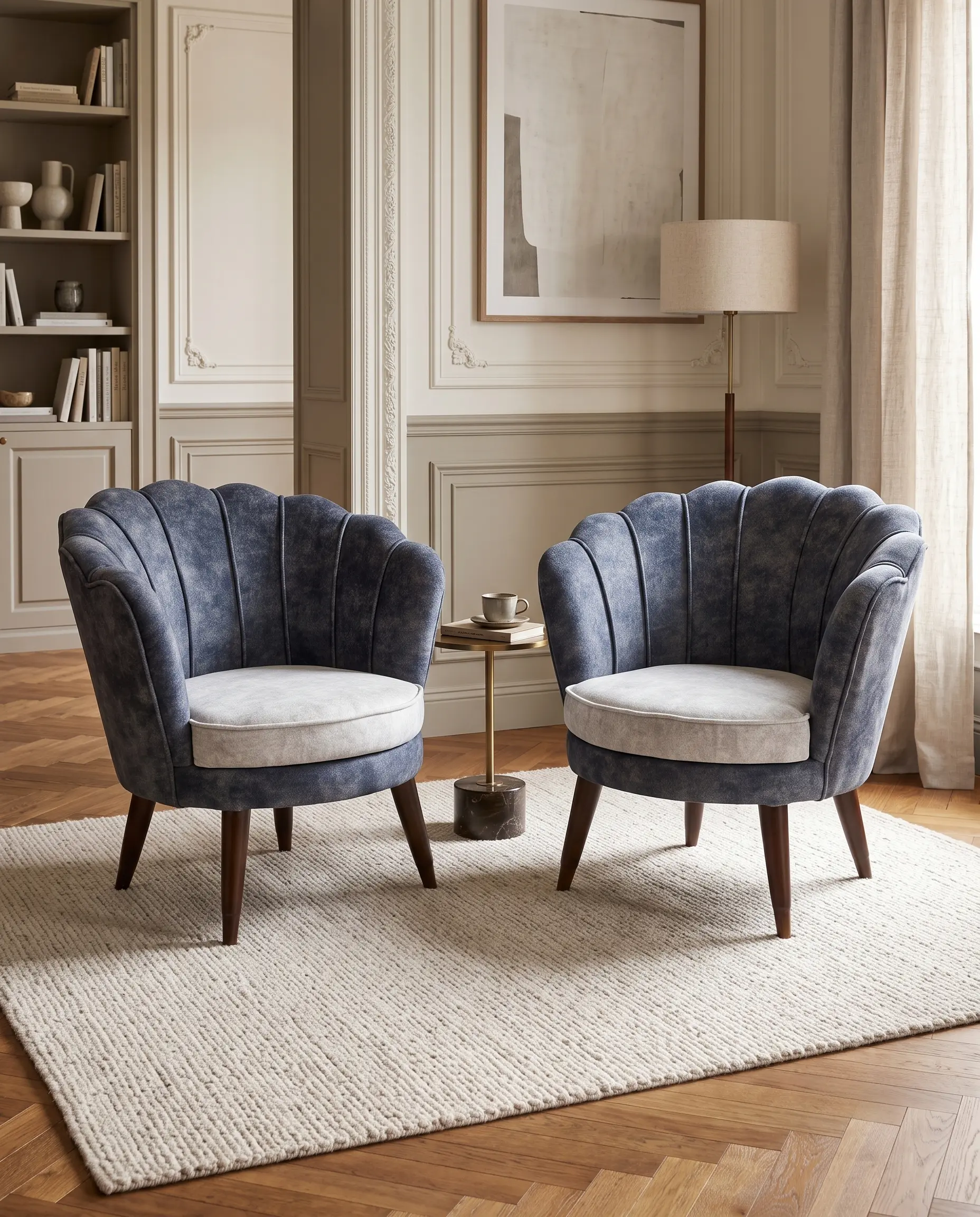 Marina Seashell Scalloped Fluted Tub Chair in Denim Blue and Cream Accents — View 1