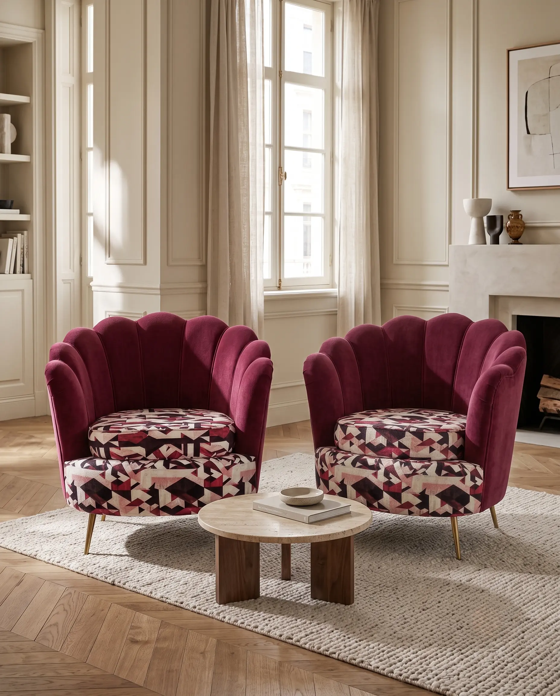 Sultana Flower Petal Scalloped Barrel Chair in Rich Maroon Velvet & Geometric Base — View 1