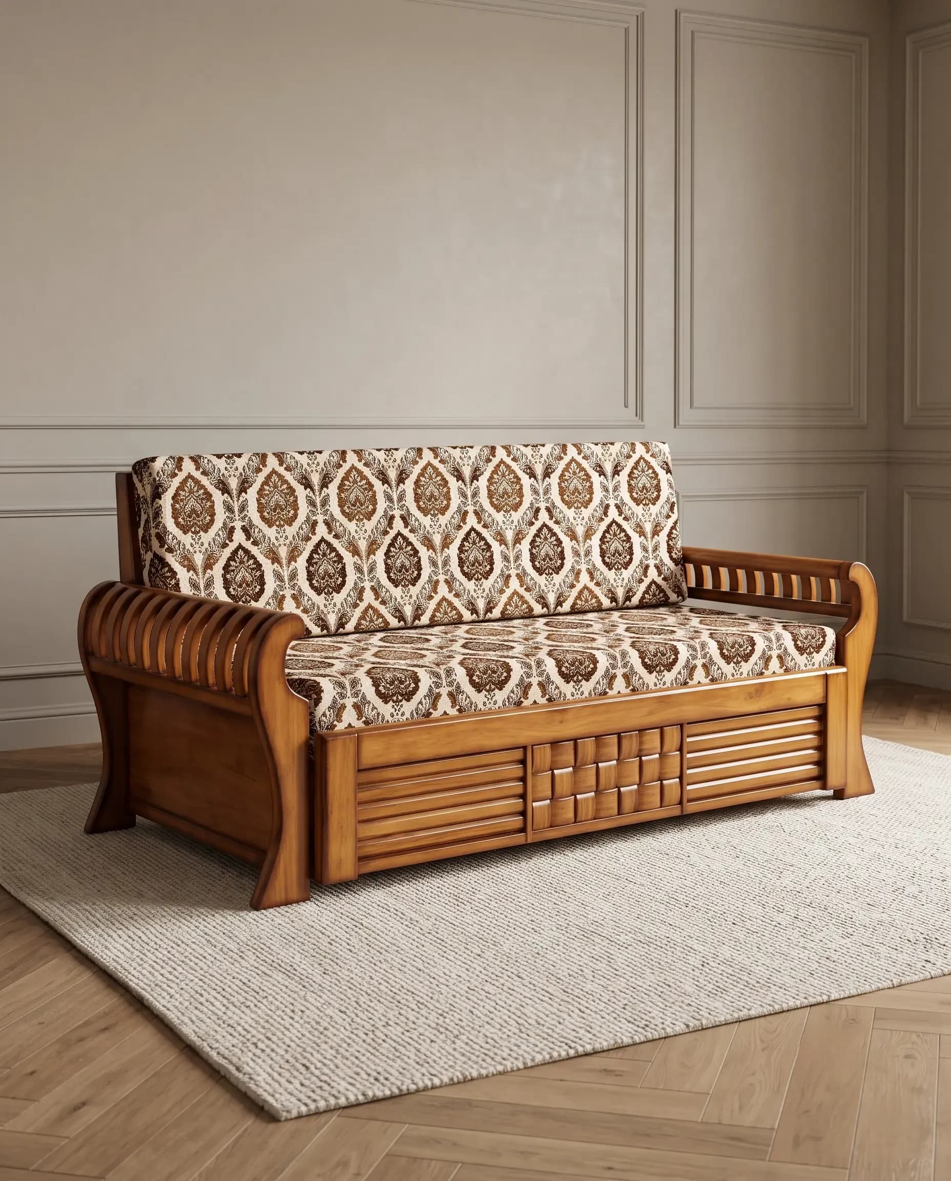 Kashmir Handcrafted Solid Teak 3-Seater Sofa Bed with Floral Botanical Upholstery — View 1