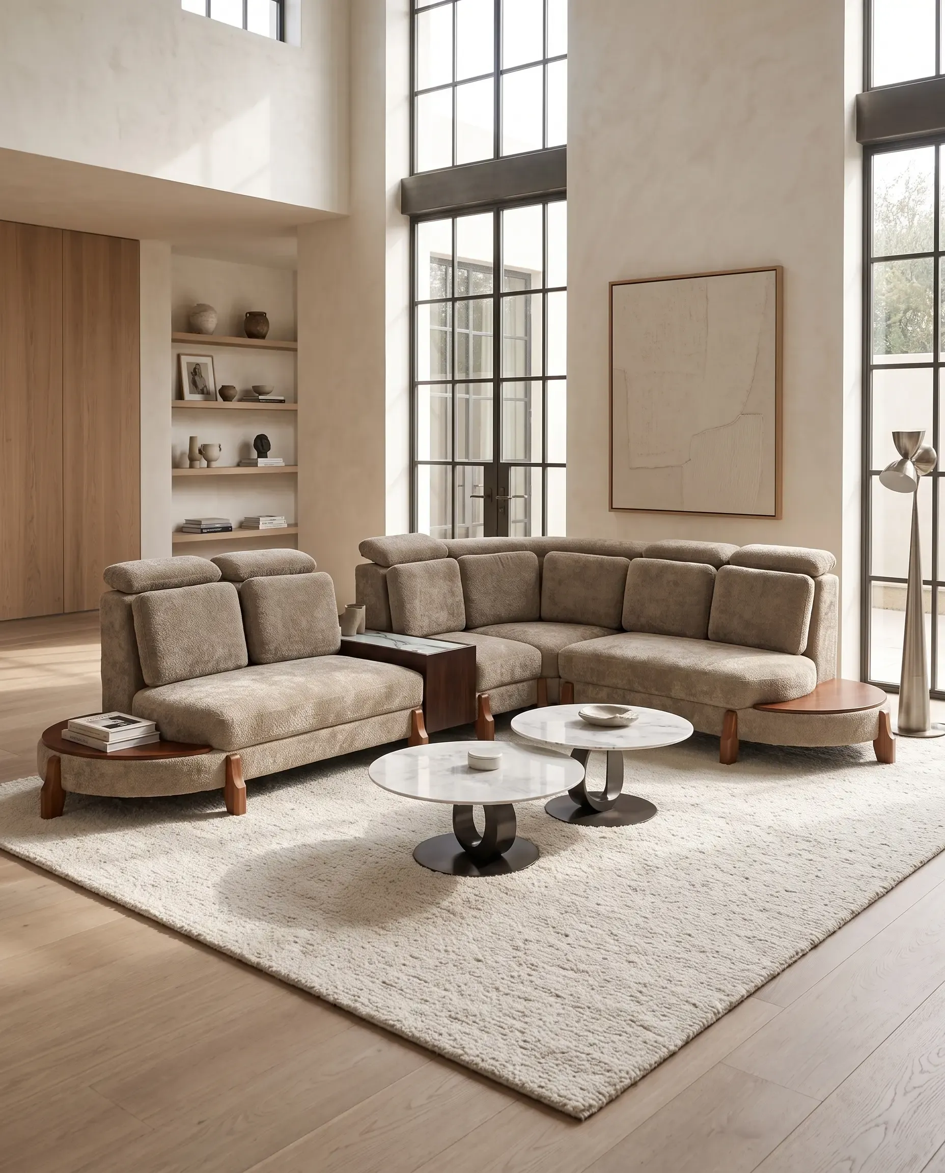 Kyoto Organic Curved 6-Seater Sectional with Integrated Walnut End Tables — View 1