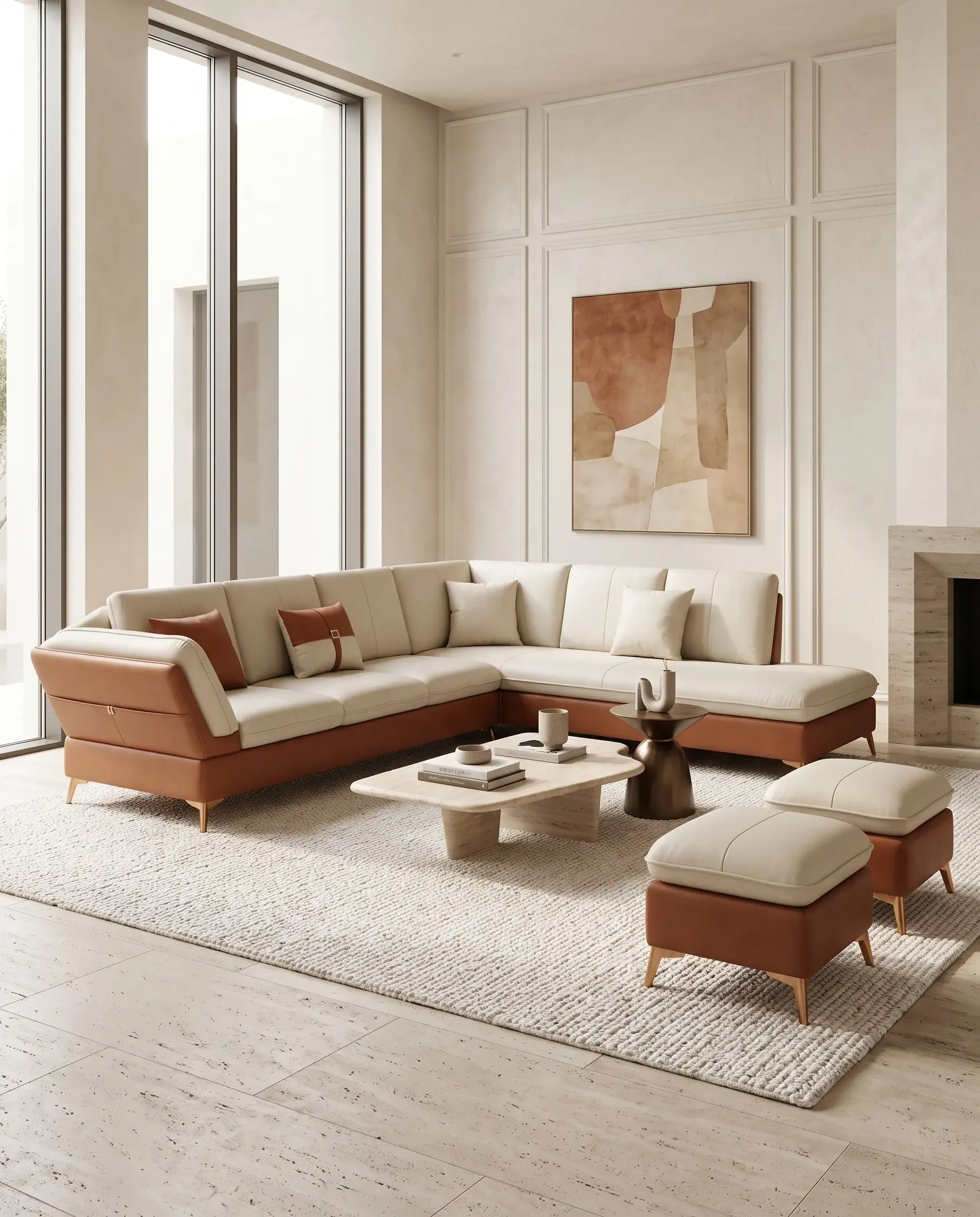 Milano Two-Tone Cognac Leatherette and Cream 7-Seater Corner Sectional — View 1