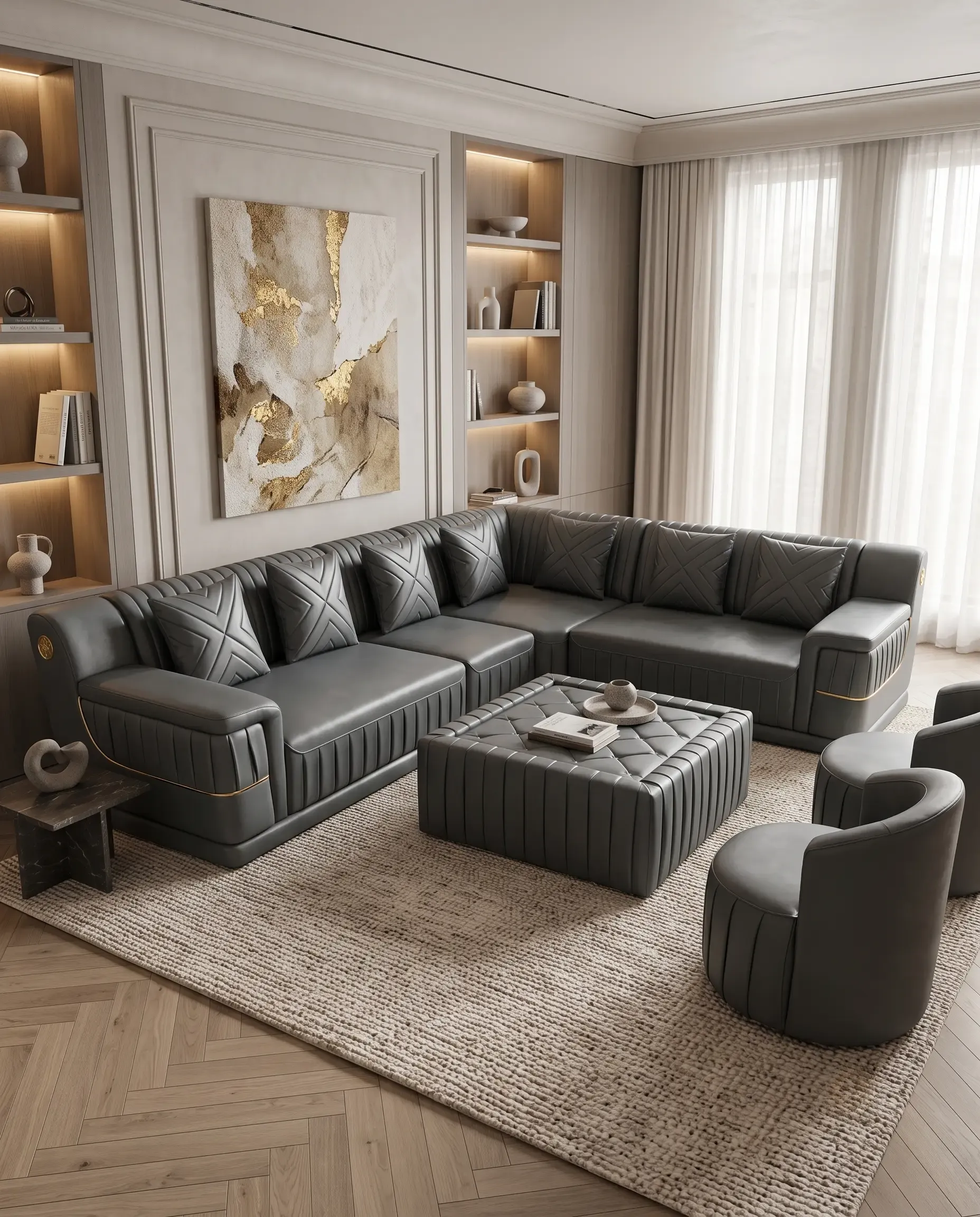 Manhattan Fluted Luxury 8-Seater Leatherette Sectional Suite with Quilted Coffee Ottoman — View 1
