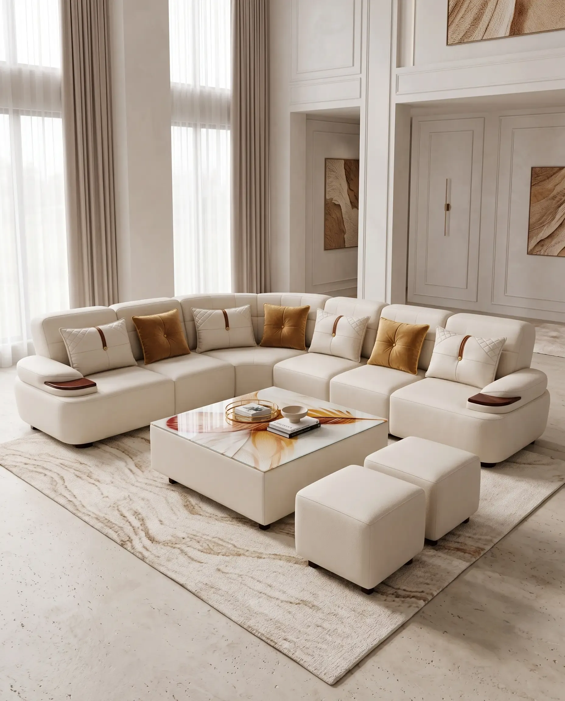 Geneva Curved Modular 7-Seater Sectional in Cream Leatherette with Solid Wood Trays — View 1