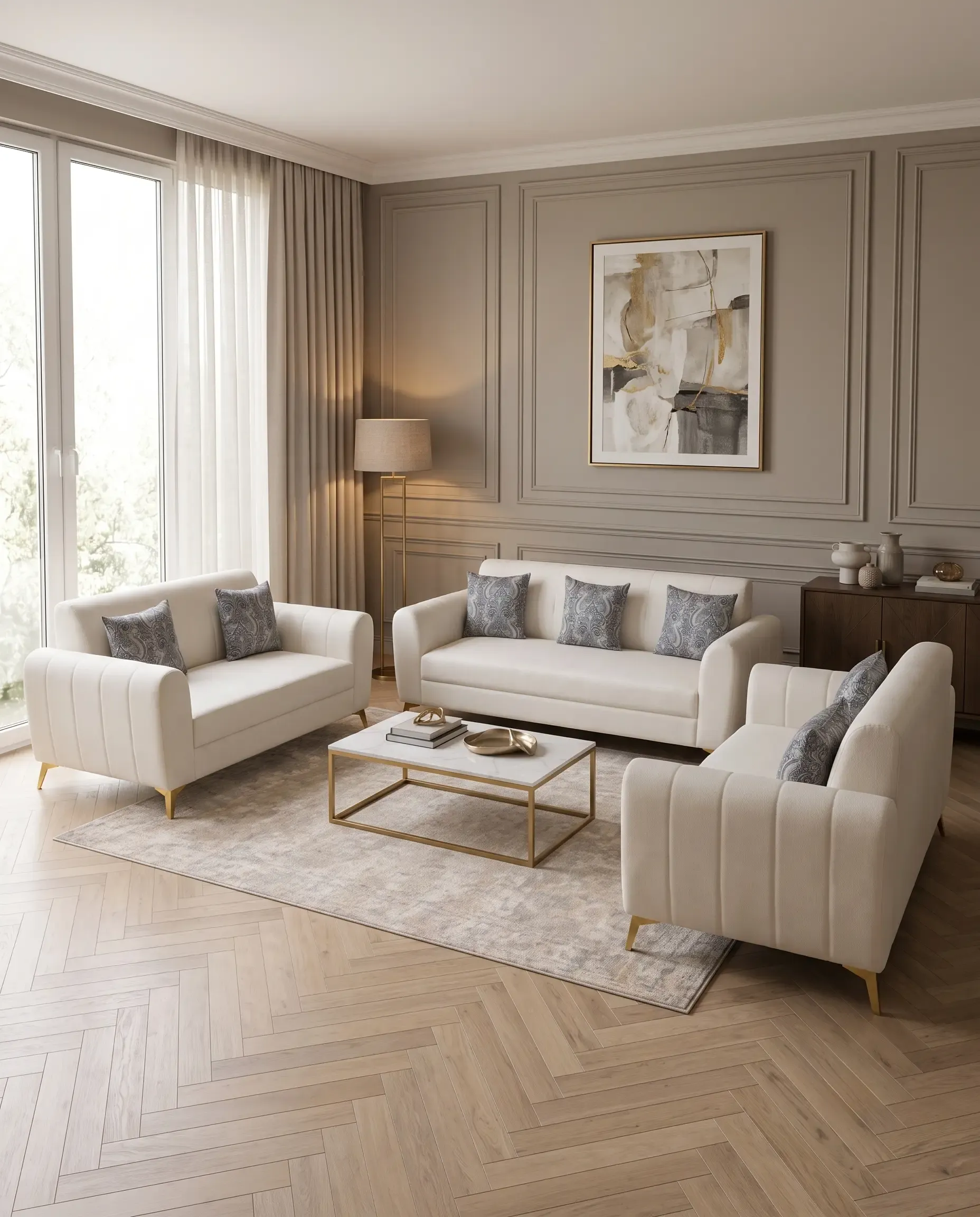 Elysian Complete Architectural 7-Seater Living Room Sofa Suite in Off-White — View 1